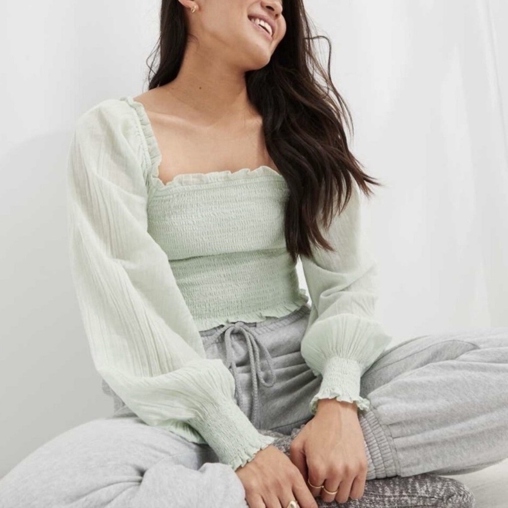 Aerie Seafoam Green Smocked Long Sleeve Top